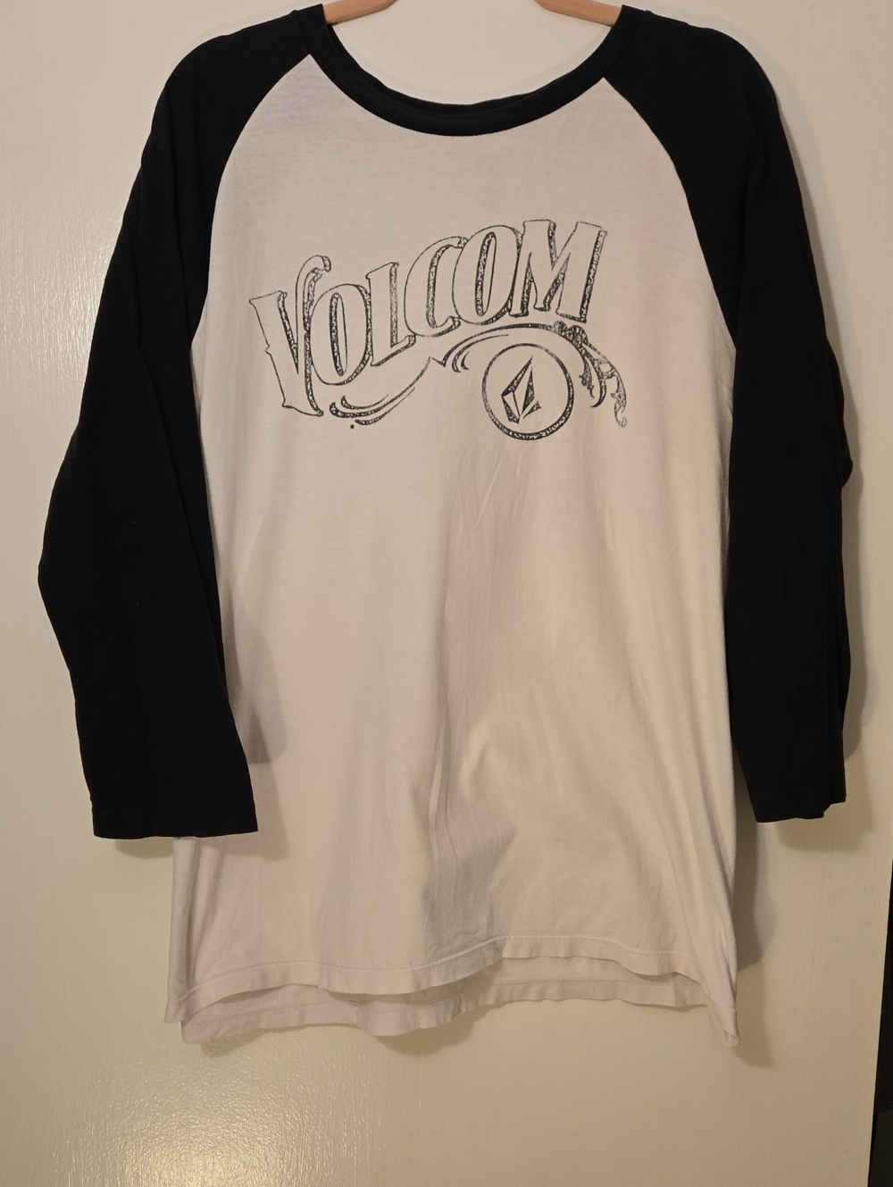 Volcom White Body Black Raglan Long Sleeve Shirt with Graphic Logo